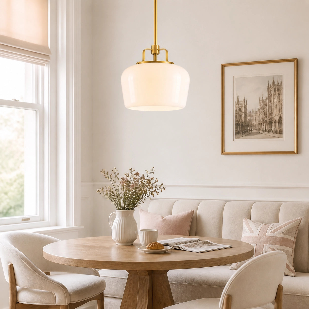 Modern Antique Brass Opal White Glass Pendant Light for Kitchen Island