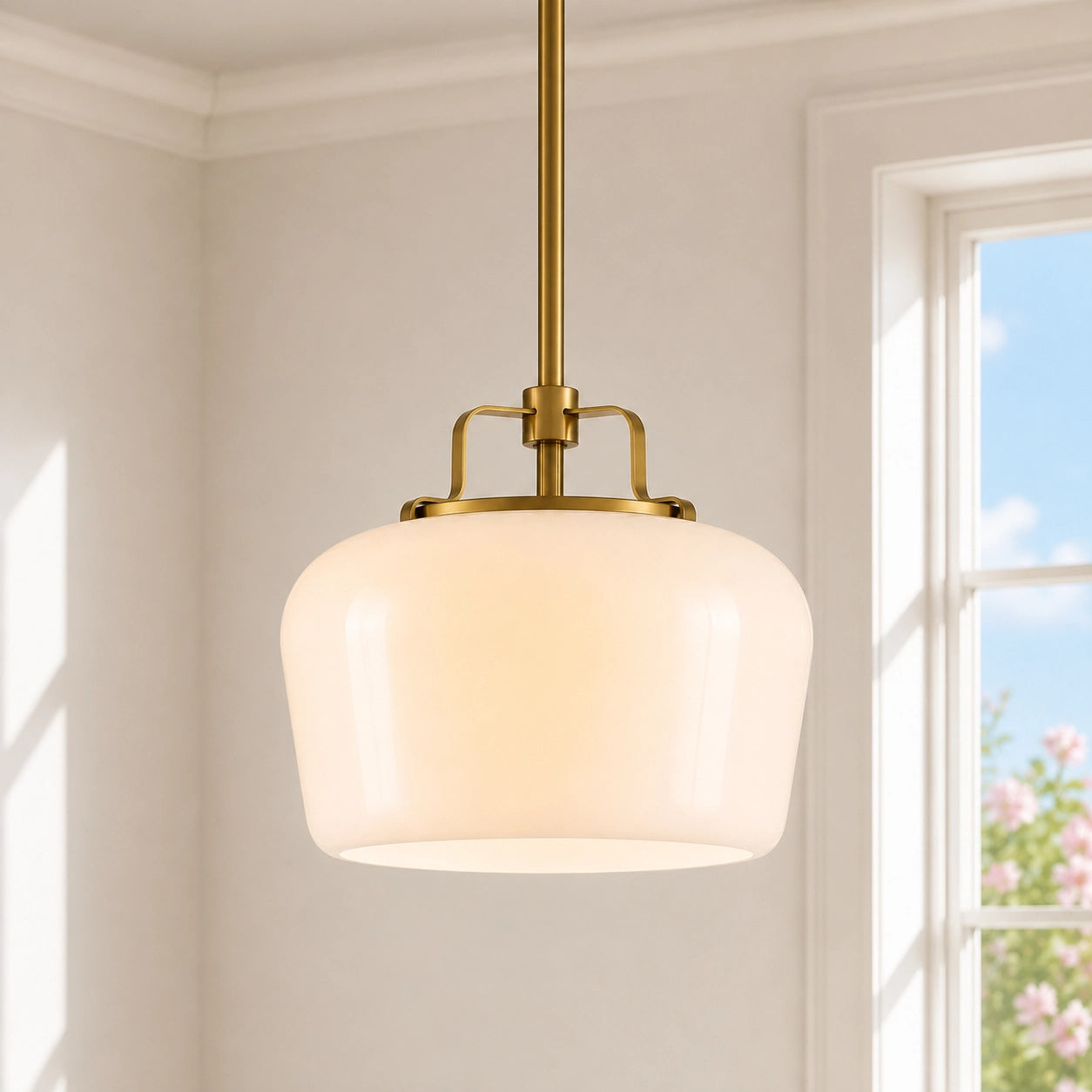 Modern Antique Brass Opal White Glass Pendant Light for Kitchen Island