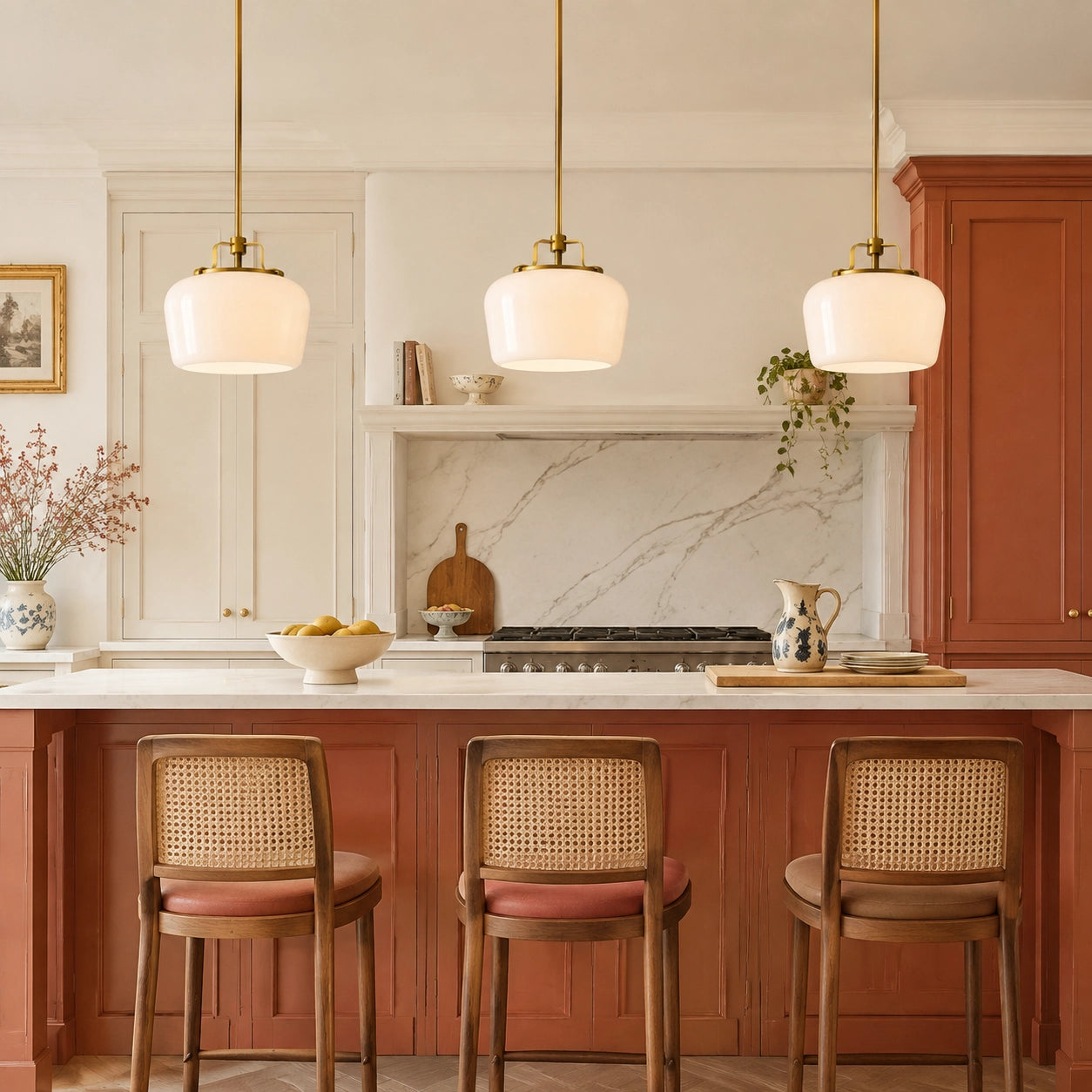 Modern Antique Brass Opal White Glass Pendant Light for Kitchen Island