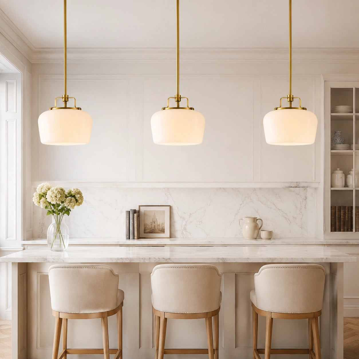 Modern Antique Brass Opal White Glass Pendant Light for Kitchen Island