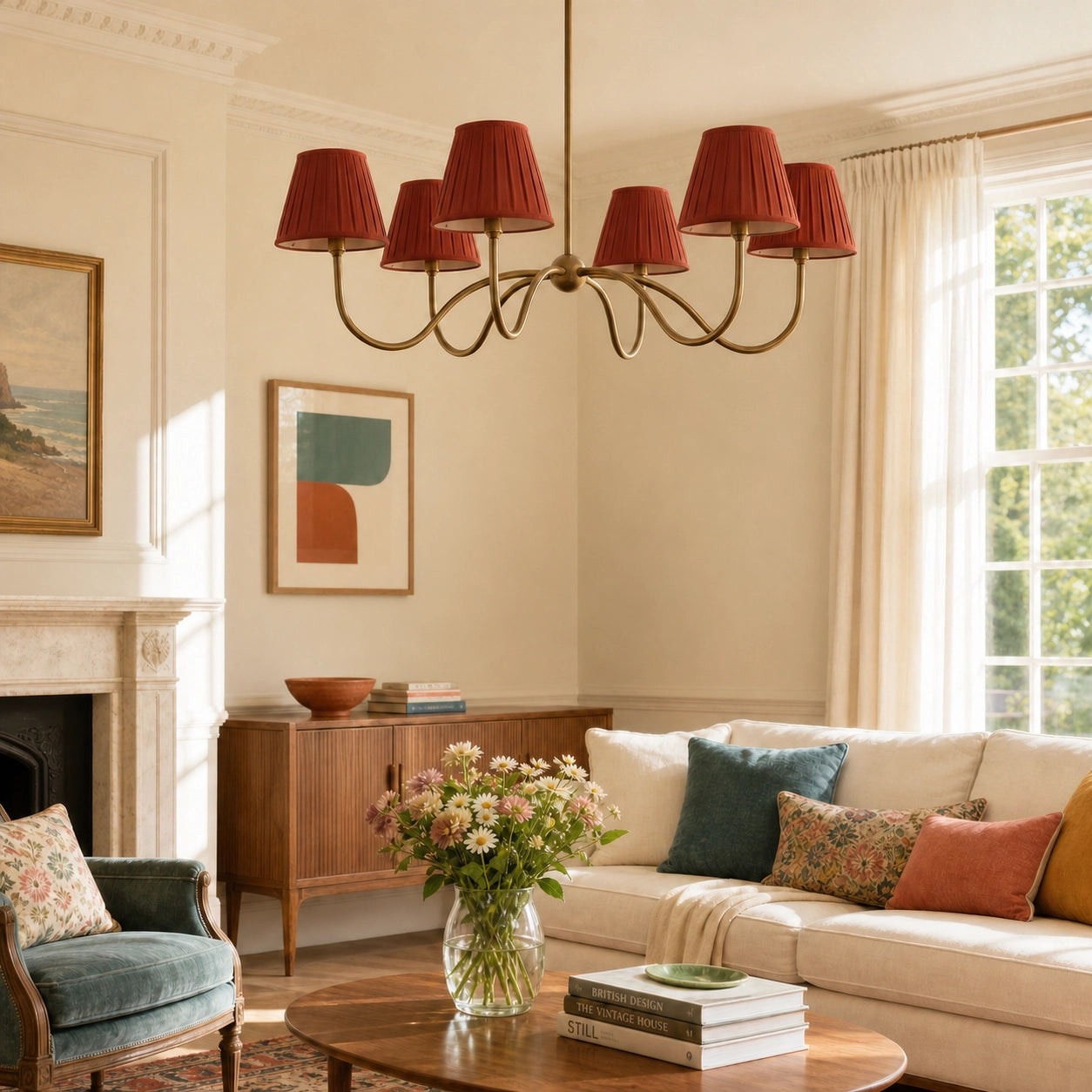 Modern Brass Fabric Lampshade 6-Head Pendant Light