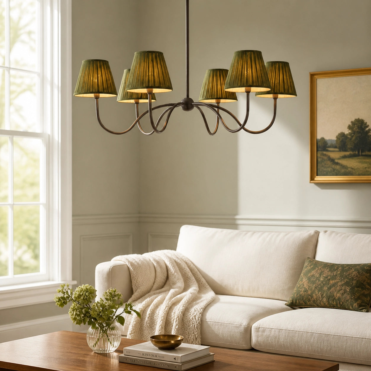 Modern Brass Fabric Lampshade 6-Head Pendant Light