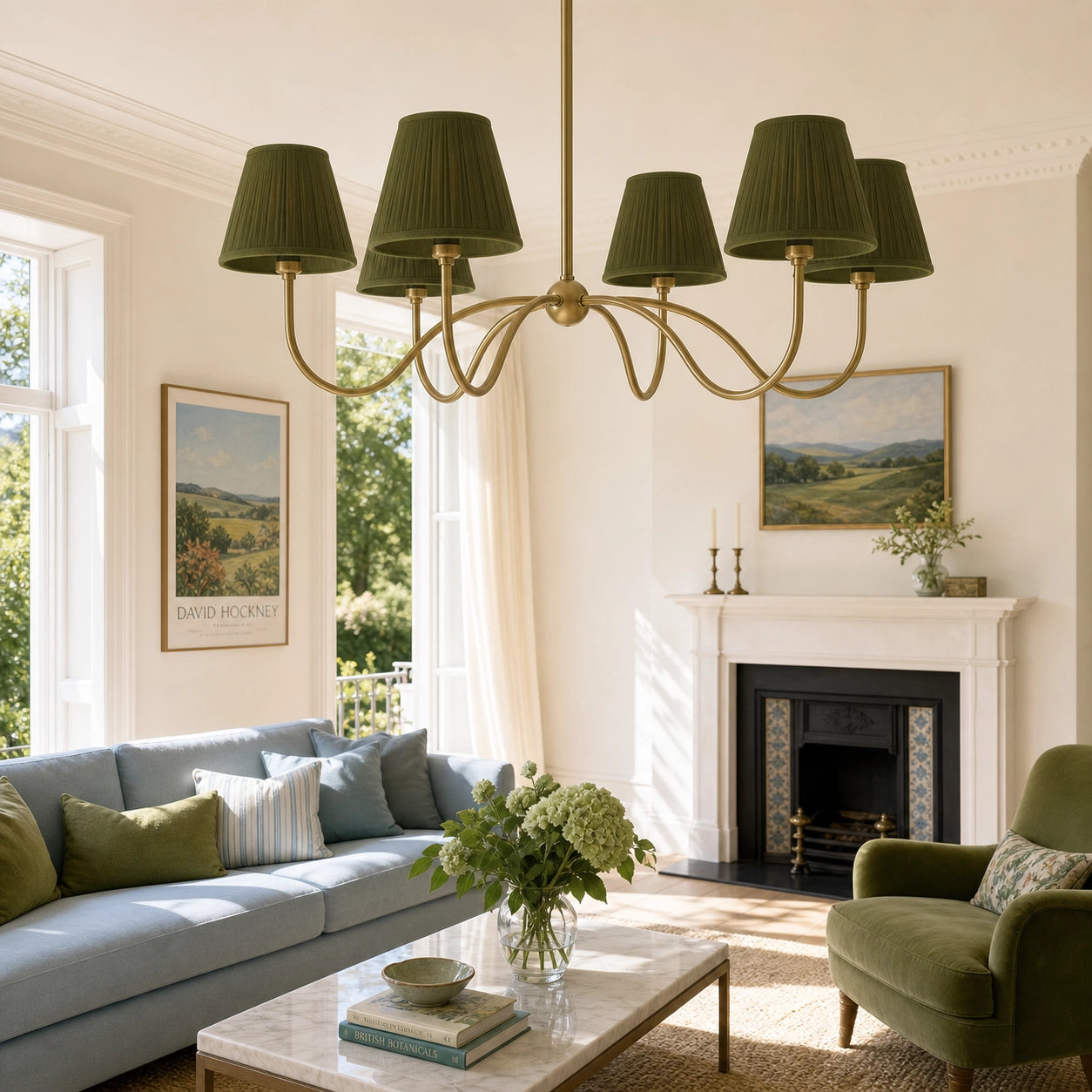 Modern Brass Fabric Lampshade 6-Head Pendant Light