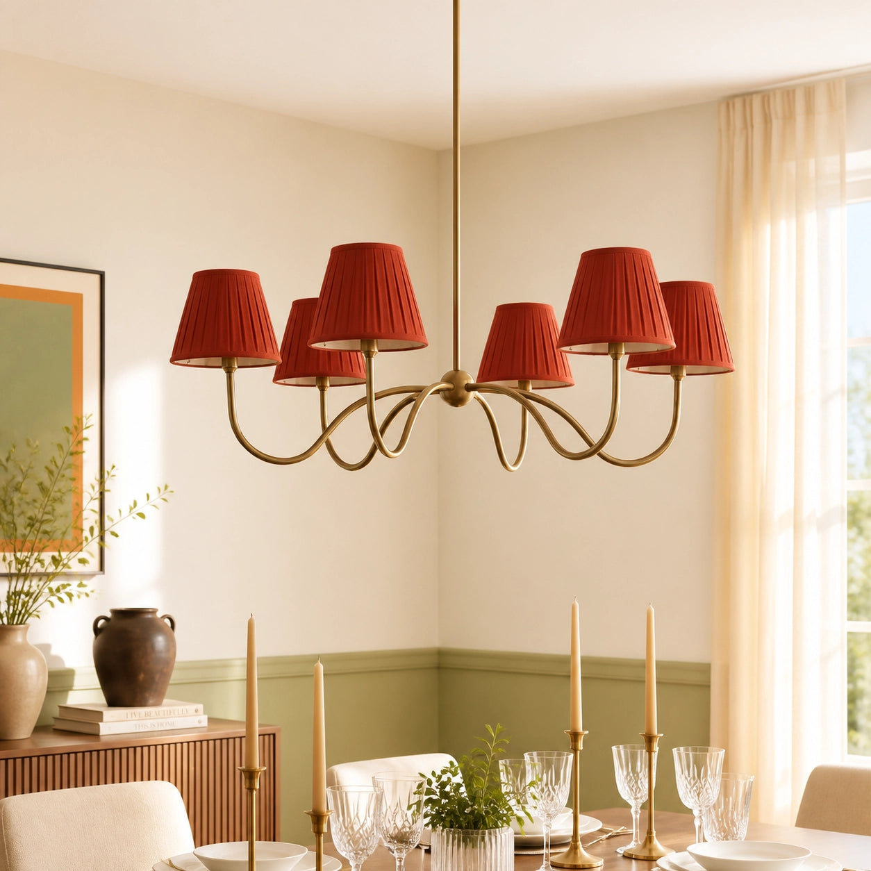 Modern Brass Fabric Lampshade 6-Head Pendant Light