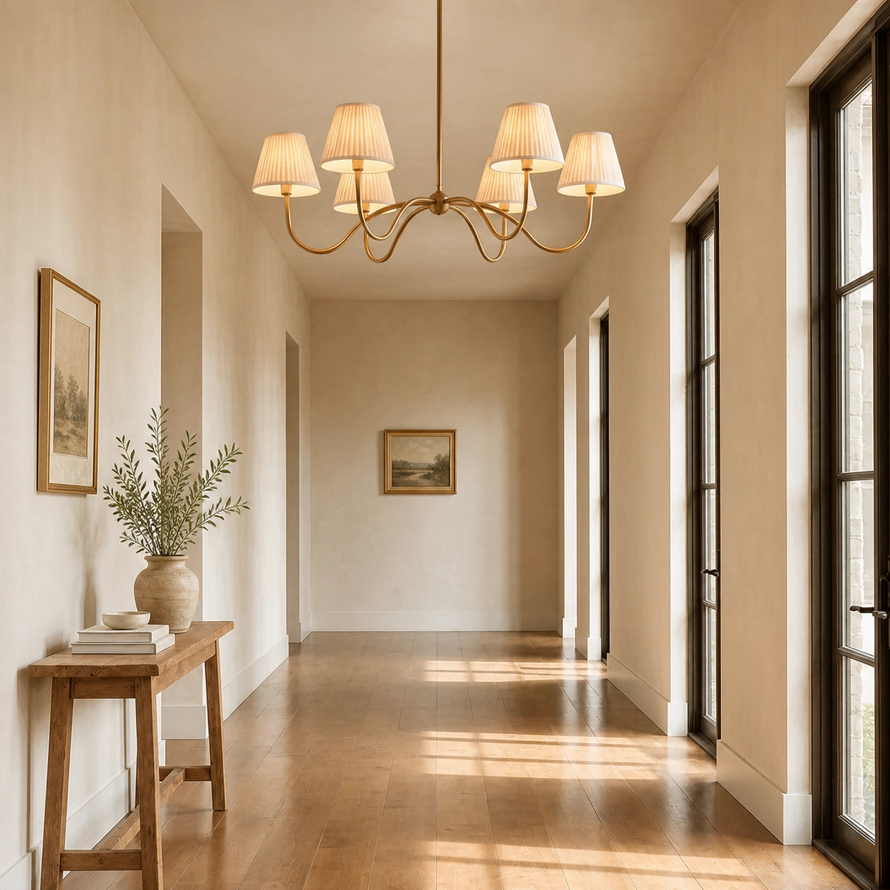 Modern Brass Fabric Lampshade 6-Head Pendant Light