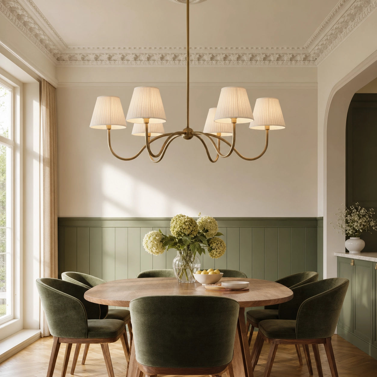 Modern Brass Fabric Lampshade 6-Head Pendant Light