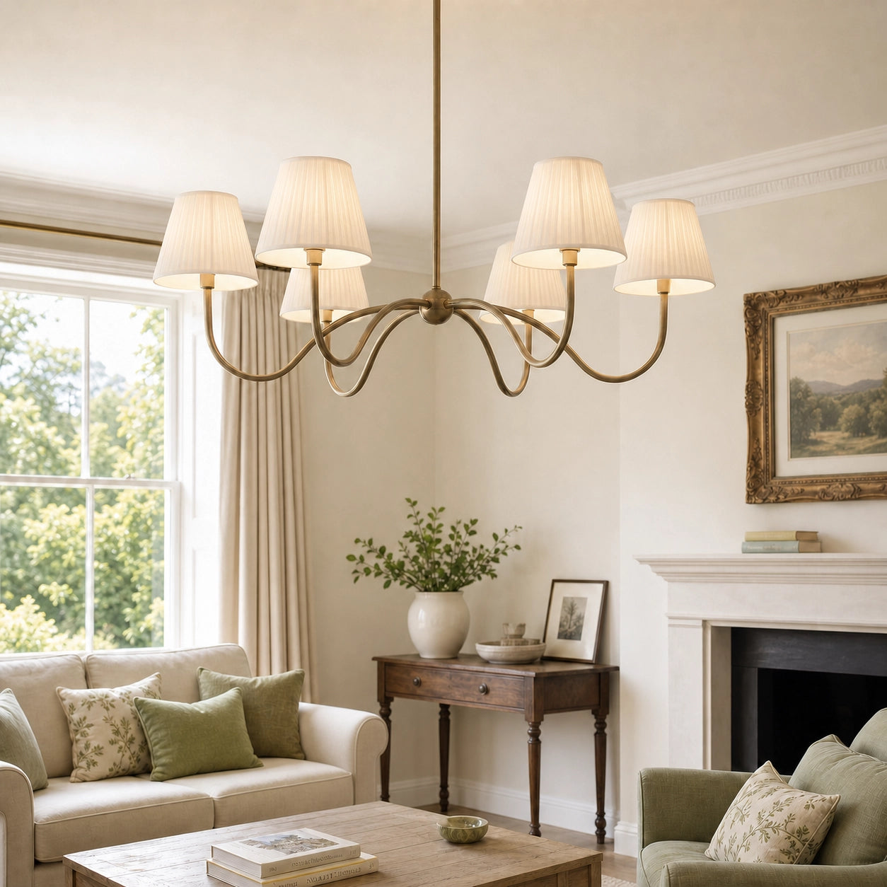 Modern Brass Fabric Lampshade 6-Head Pendant Light