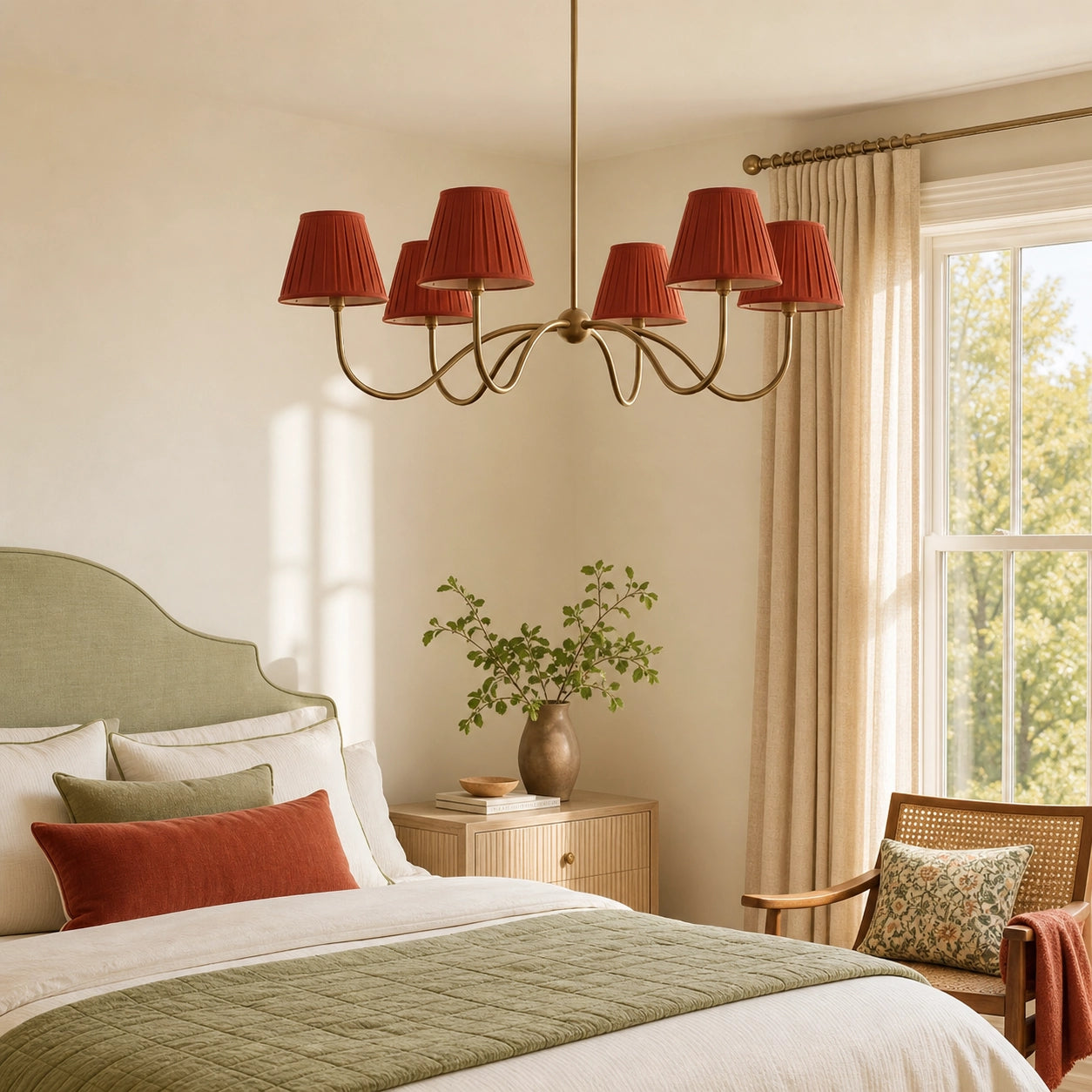 Modern Brass Fabric Lampshade 6-Head Pendant Light