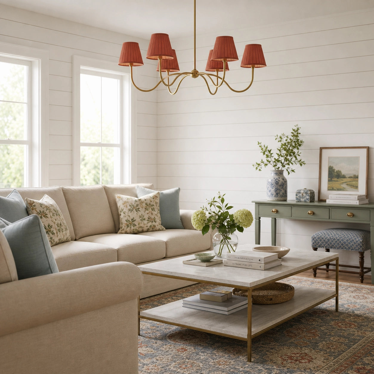 Modern Brass Fabric Lampshade 6-Head Pendant Light