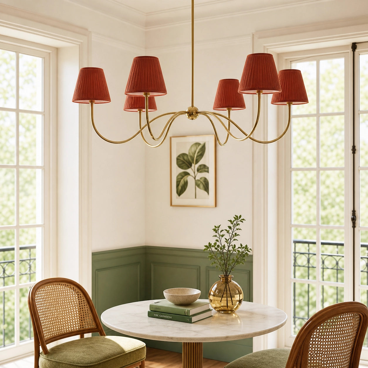 Modern Brass Fabric Lampshade 6-Head Pendant Light