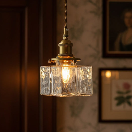 Japandi Vintage Brass & Glass Cube Pendant Light