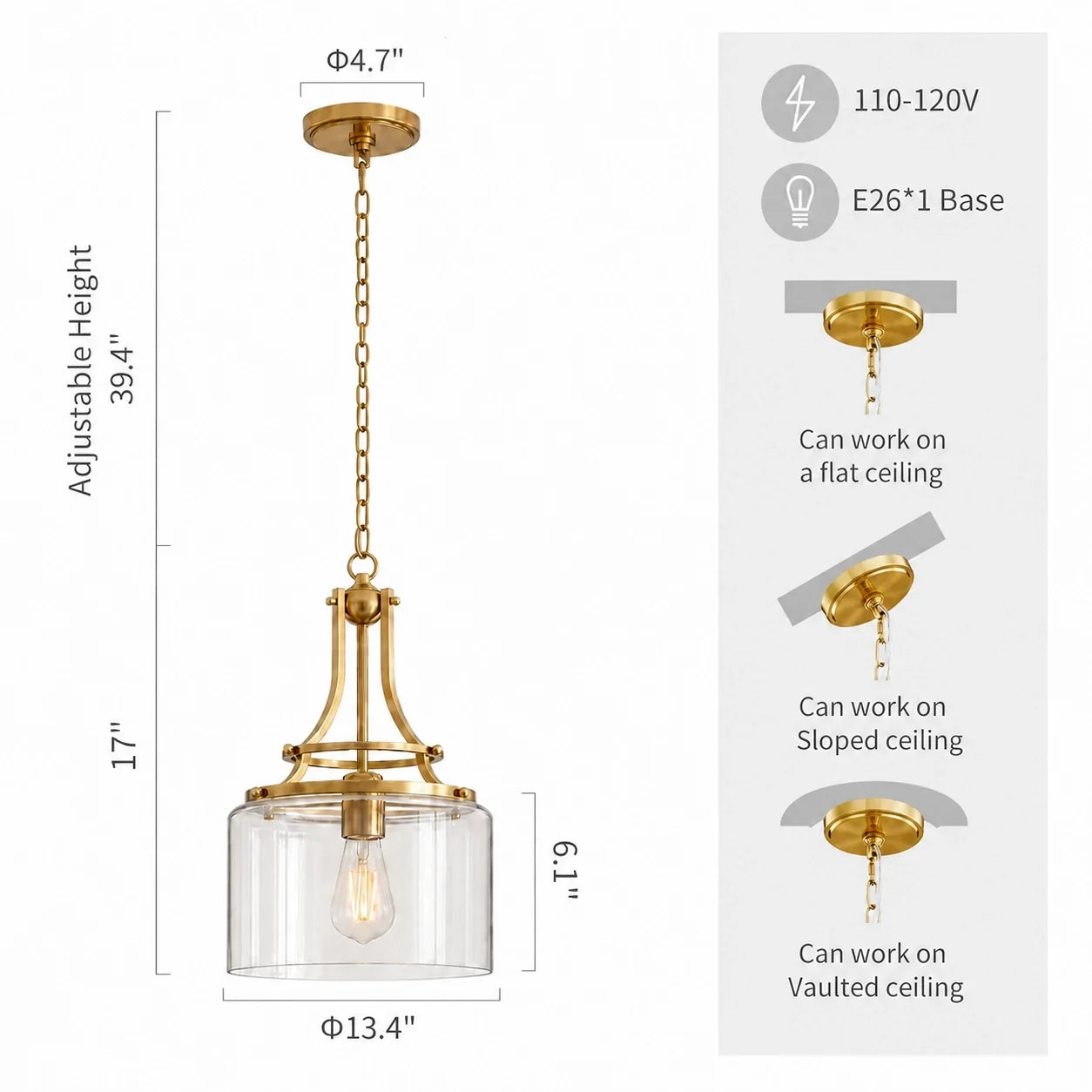 Modern Brushed Brass Clear Cylinder Glass Pendant Light