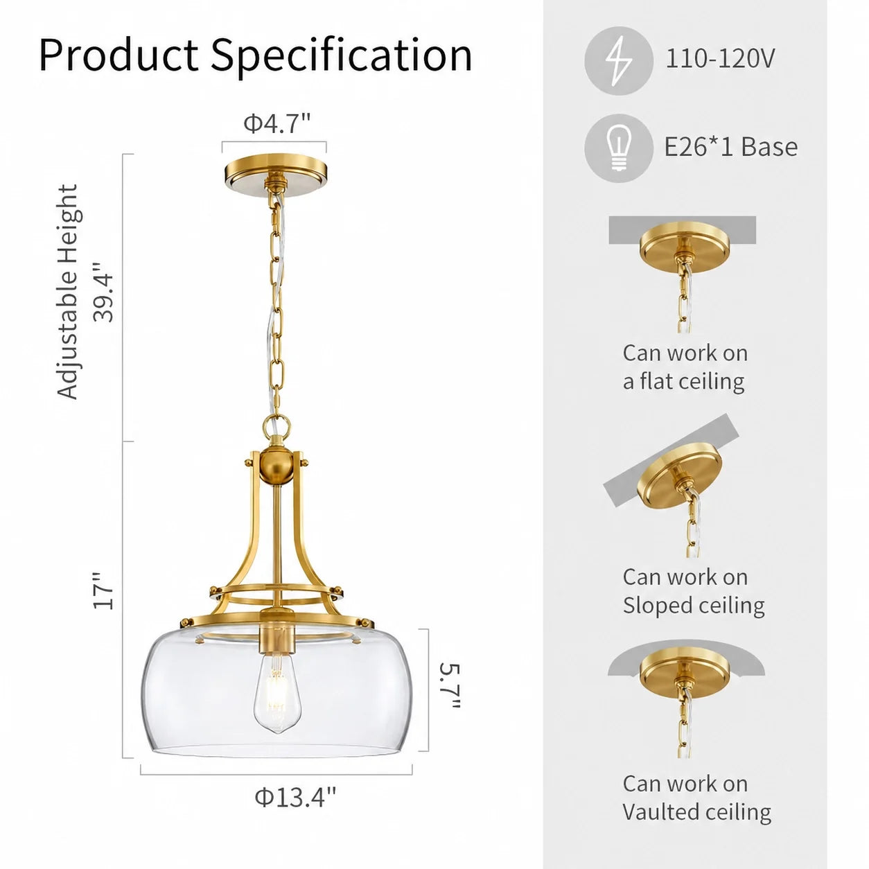 Modern Brushed Brass Clear Cylinder Glass Pendant Light