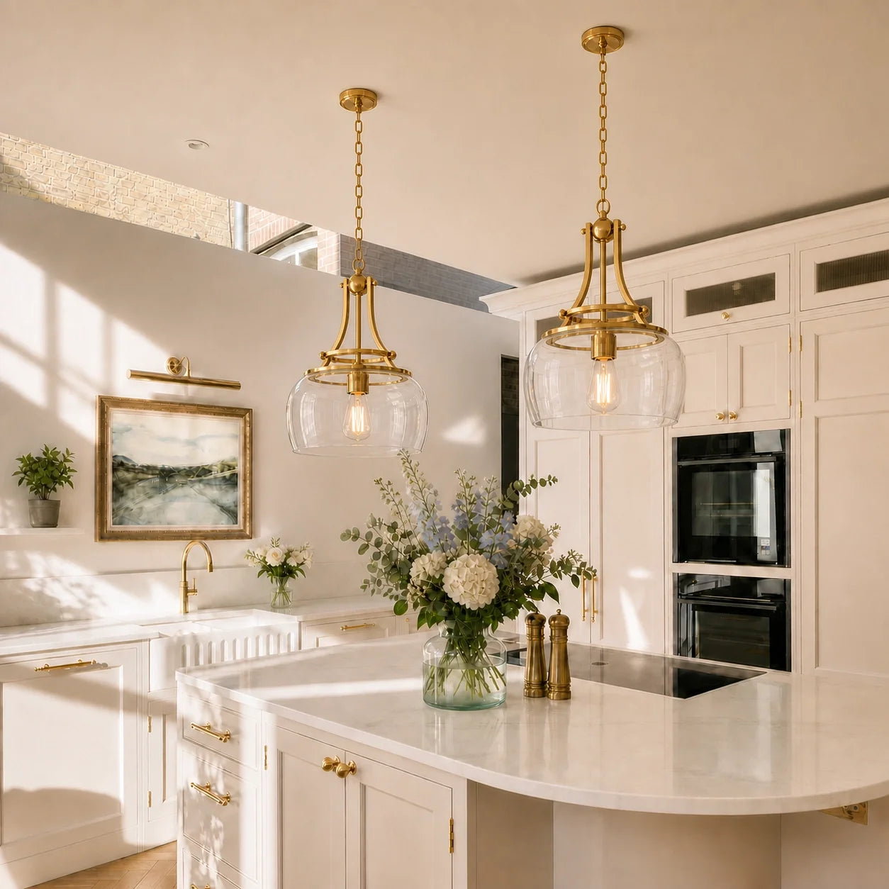 Modern Brushed Brass Clear Cylinder Glass Pendant Light