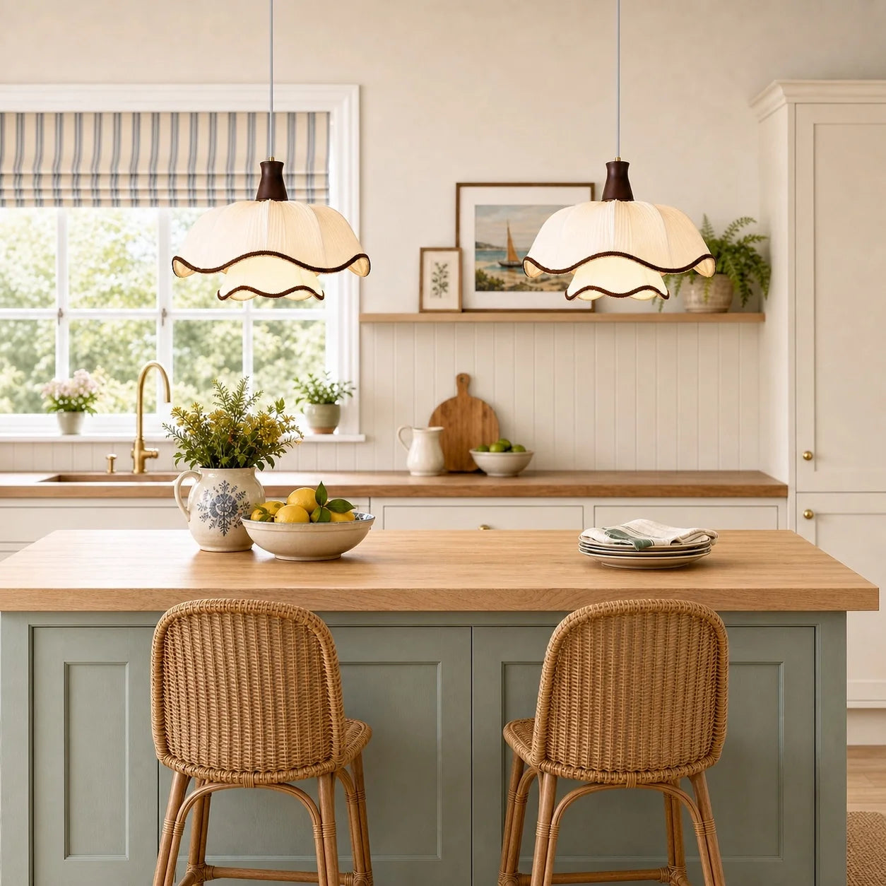 Modern Cream Scalloped Pleated Fabric Pendant Light