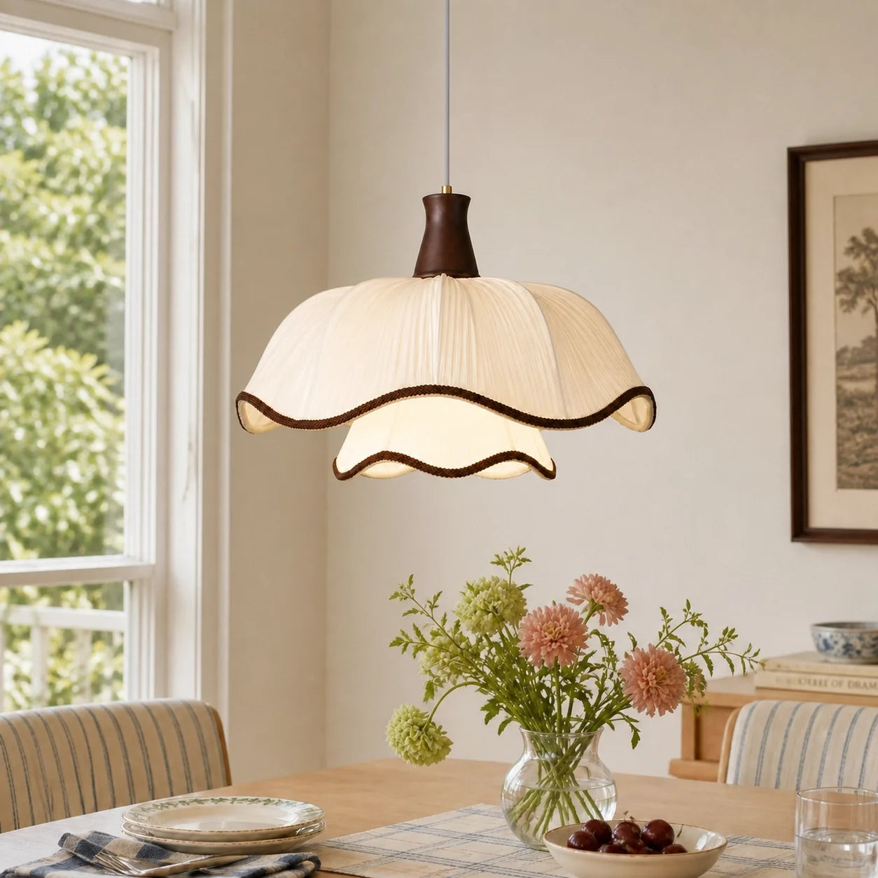 Modern Cream Scalloped Pleated Fabric Pendant Light