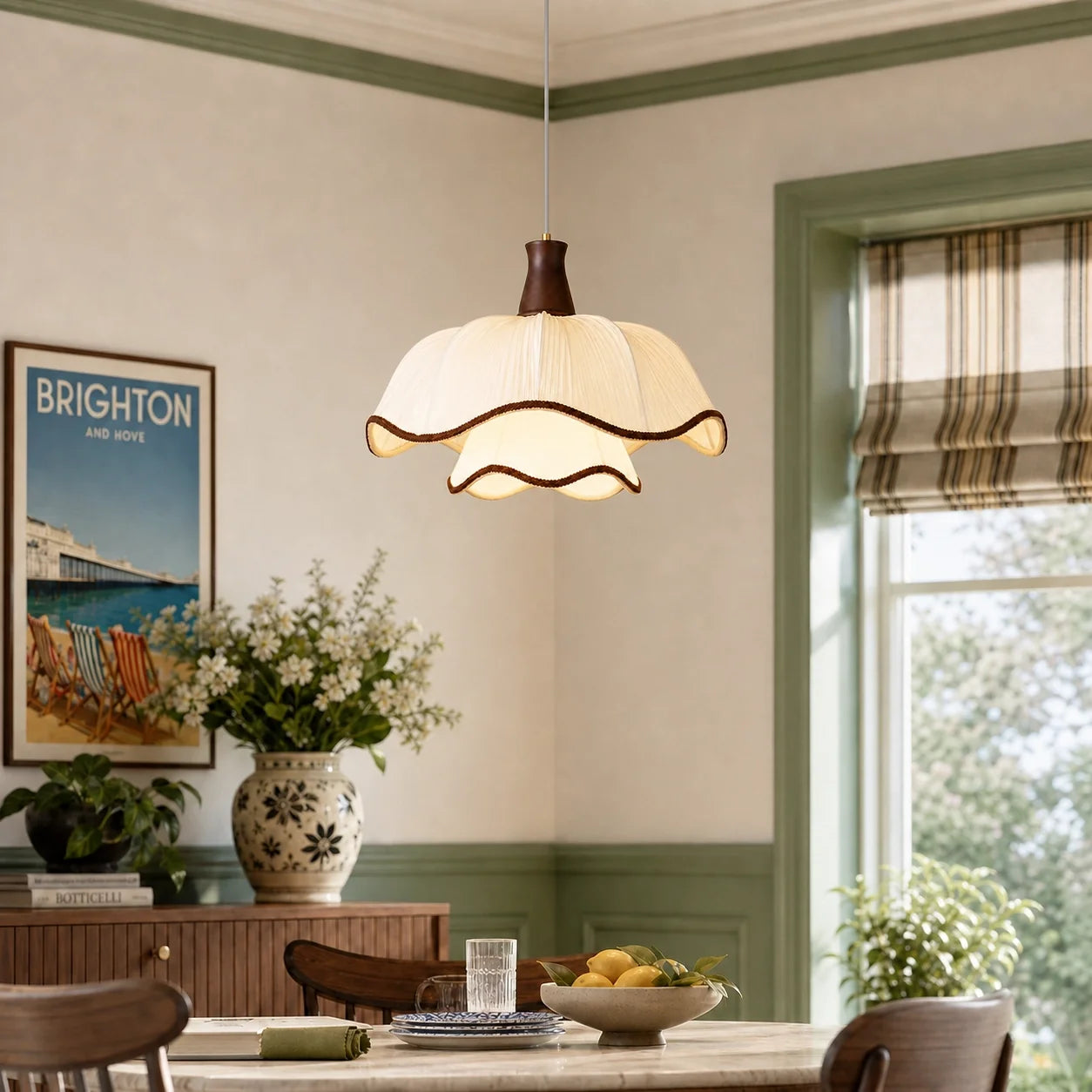 Modern Cream Scalloped Pleated Fabric Pendant Light