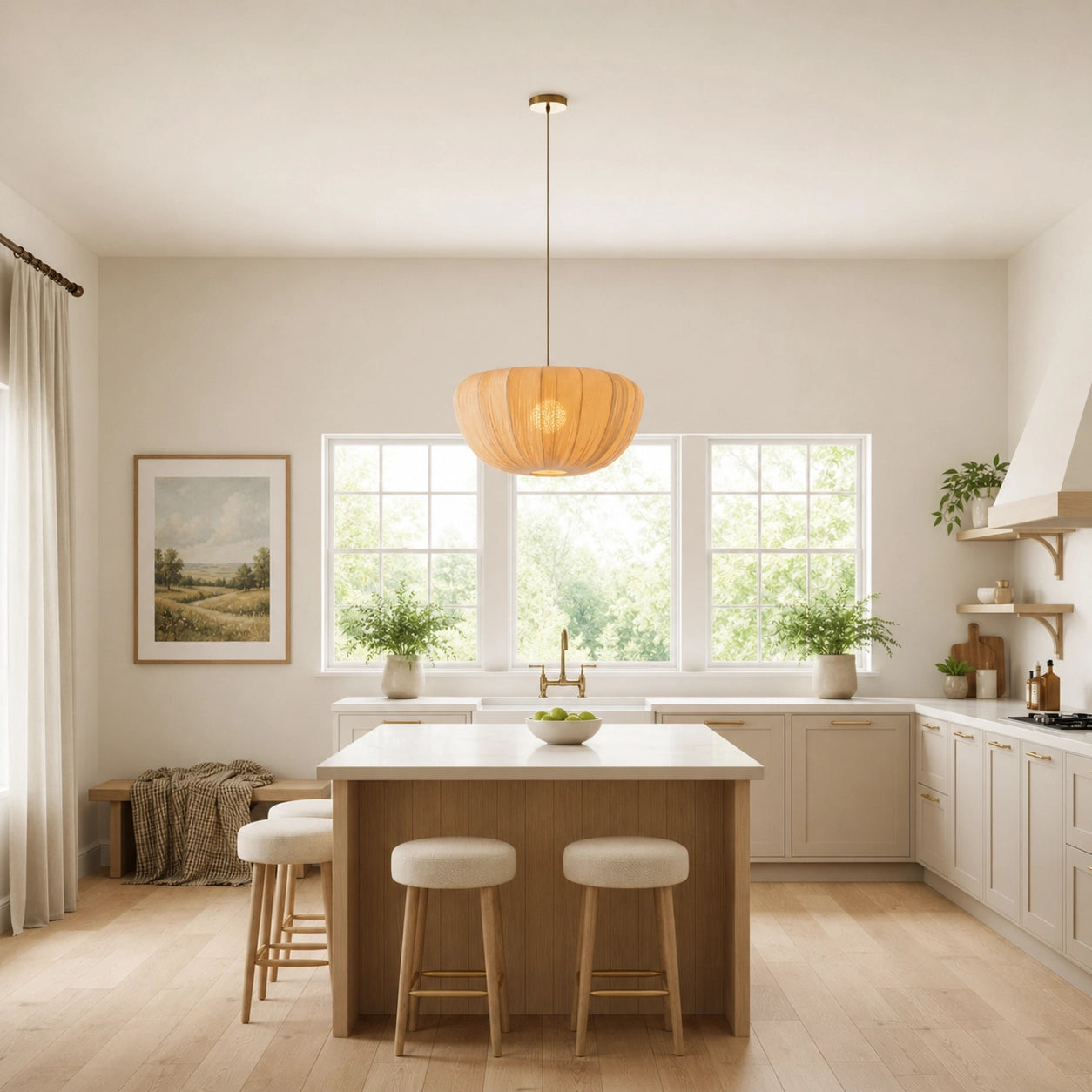 Modern Curved Frame Pendant light with Soft Linen Shade
