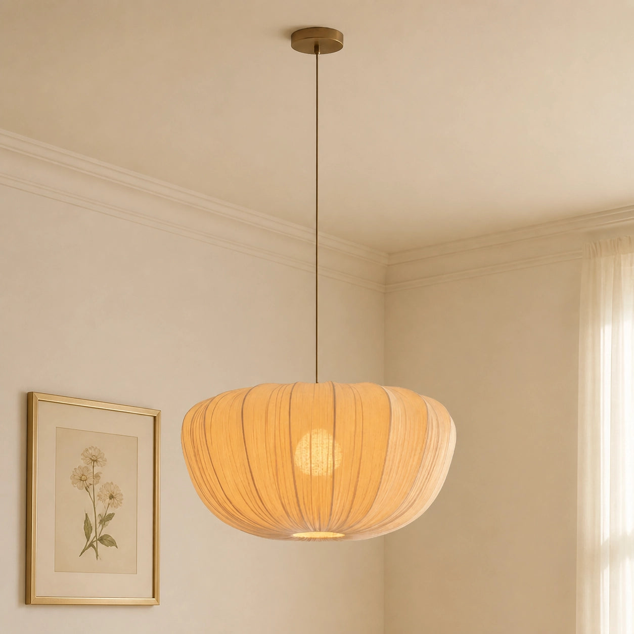 Modern Curved Frame Pendant light with Soft Linen Shade