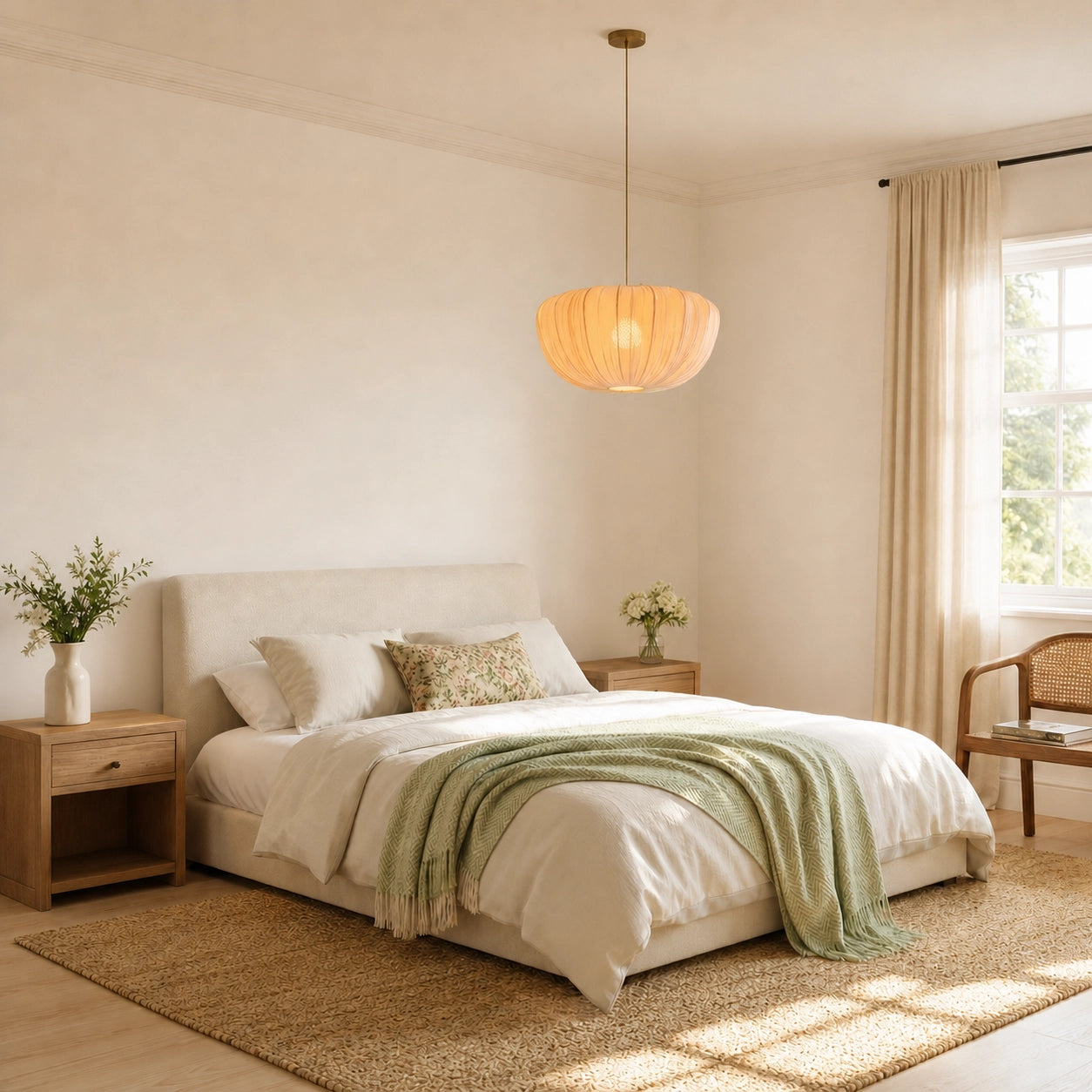 Modern Curved Frame Pendant light with Soft Linen Shade