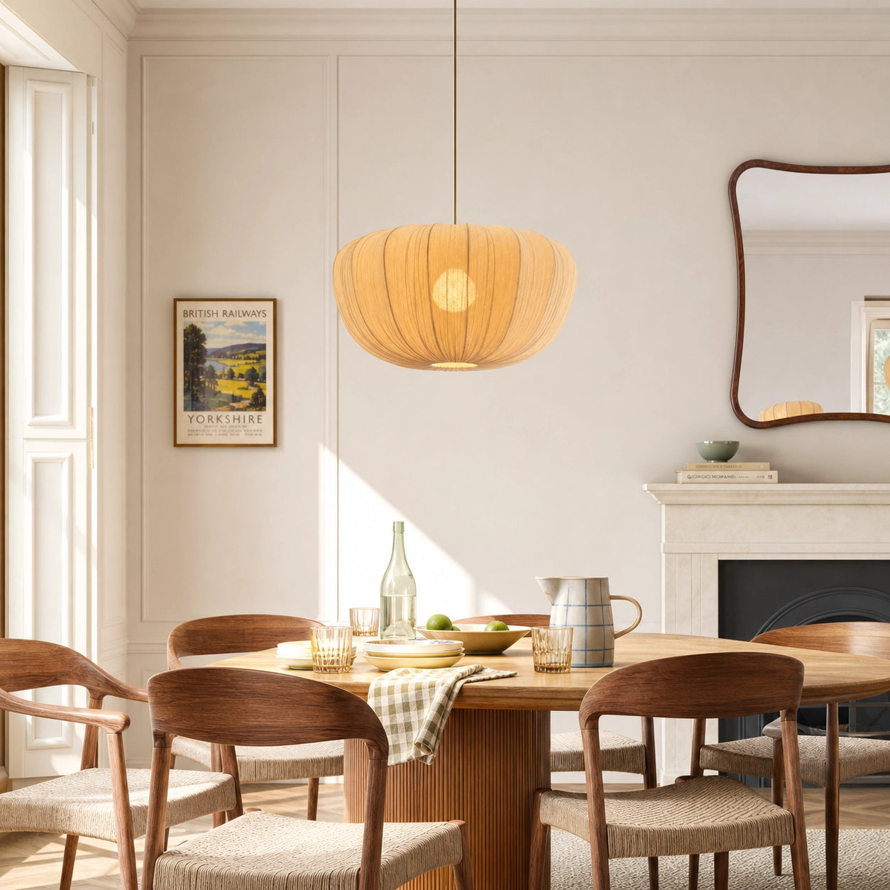 Modern Curved Frame Pendant light with Soft Linen Shade