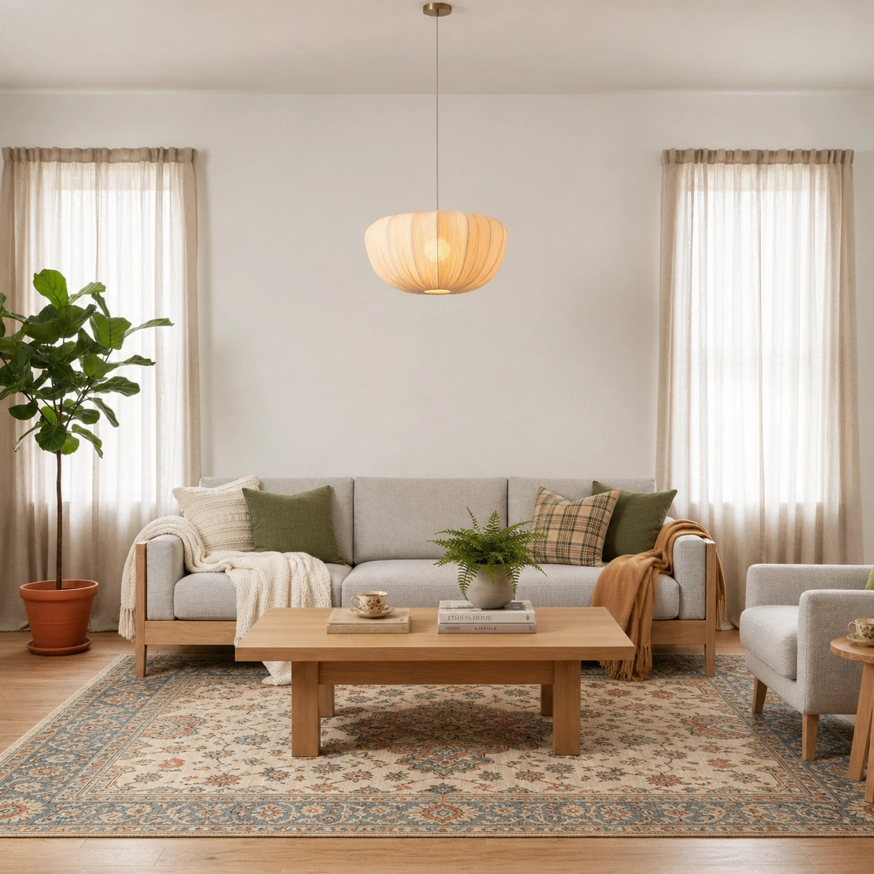 Modern Curved Frame Pendant light with Soft Linen Shade