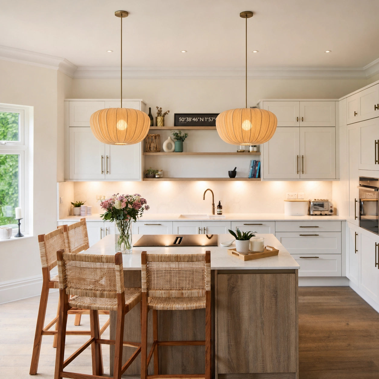 Modern Curved Frame Pendant light with Soft Linen Shade