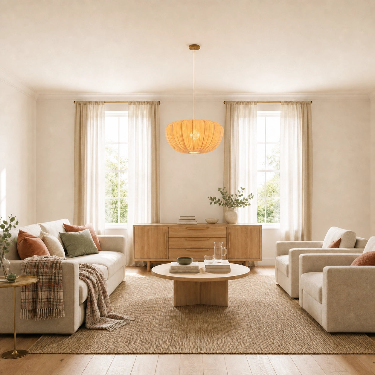 Modern Curved Frame Pendant light with Soft Linen Shade