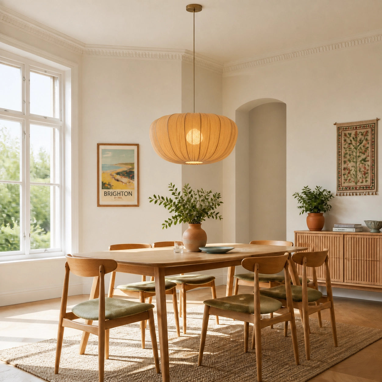 Modern Curved Frame Pendant light with Soft Linen Shade