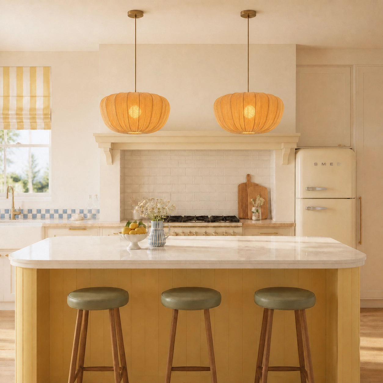 Modern Curved Frame Pendant light with Soft Linen Shade