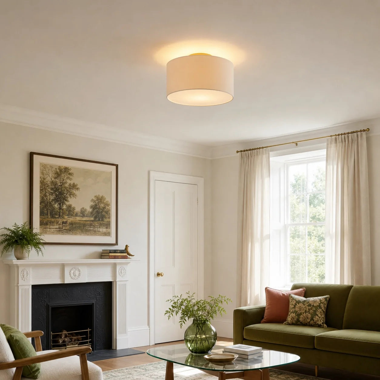 Modern Drum Flush Mount Ceiling Light with Fabric Shade for Living Room