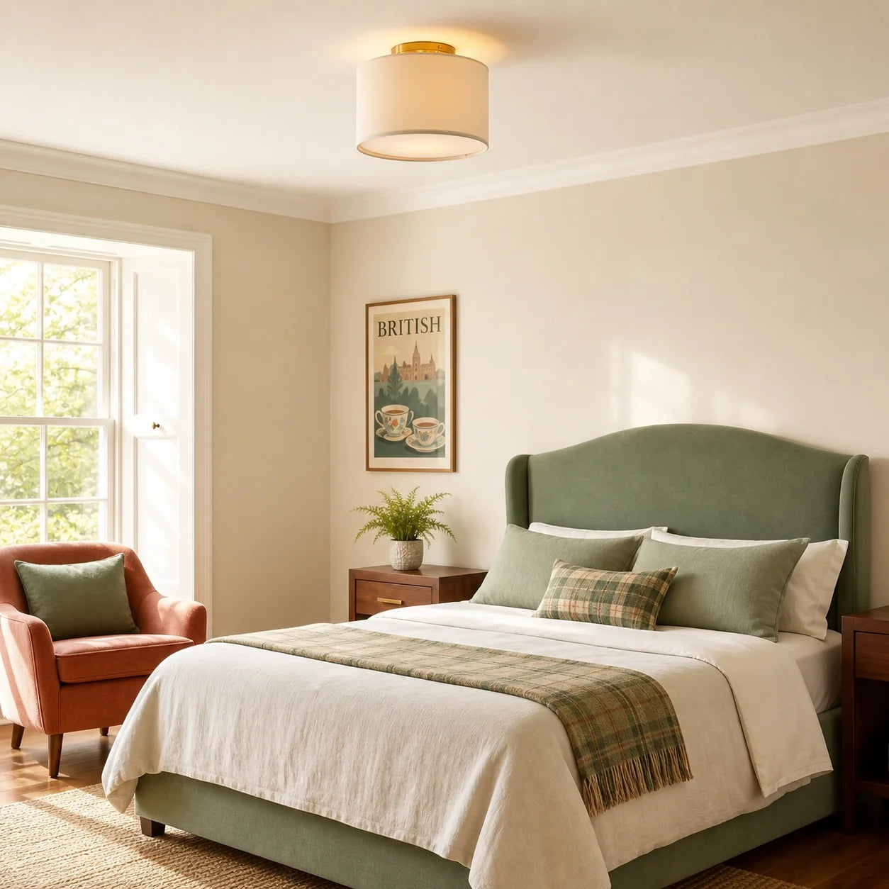 Modern Drum Flush Mount Ceiling Light with Fabric Shade for Living Room