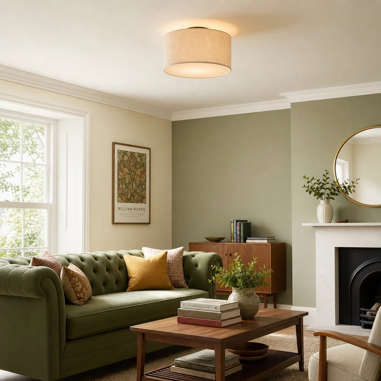 Modern Drum Flush Mount Ceiling Light with Fabric Shade for Living Room