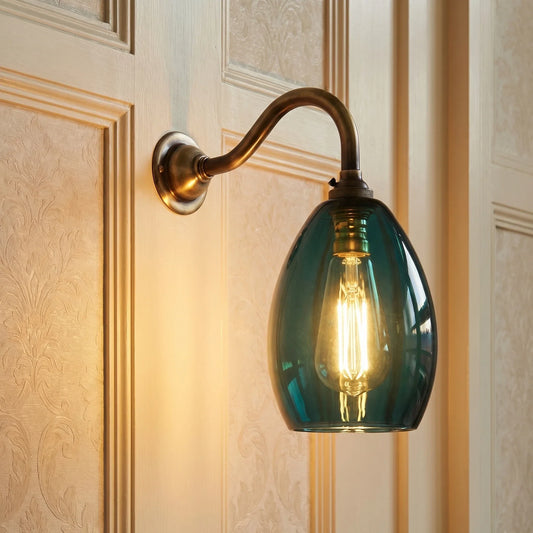 Vintage Elegant Handblown Curved Teal Glass Wall Light