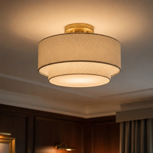 Modern Linen Shade Double-Drum Ceiling Light