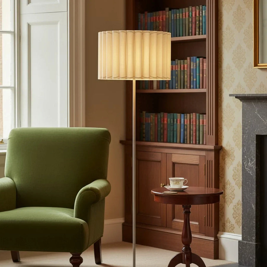Modern Minimalist Beige Linen Shade and Metal Stand Floor Lamp