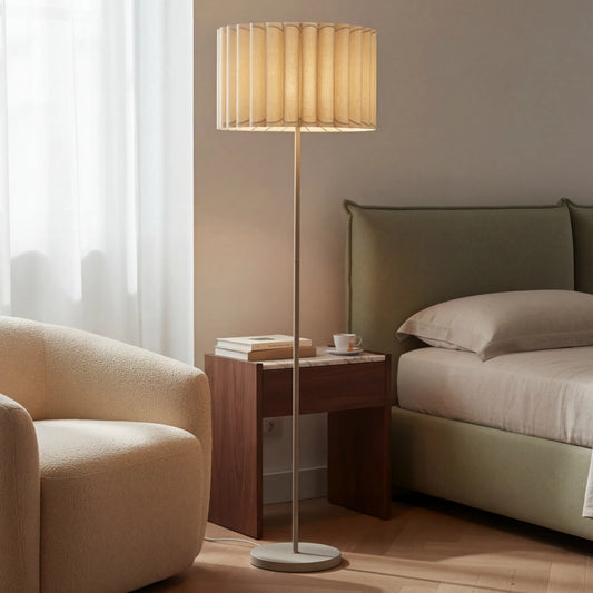 Modern Minimalist Beige Linen Shade and Metal Stand Floor Lamp