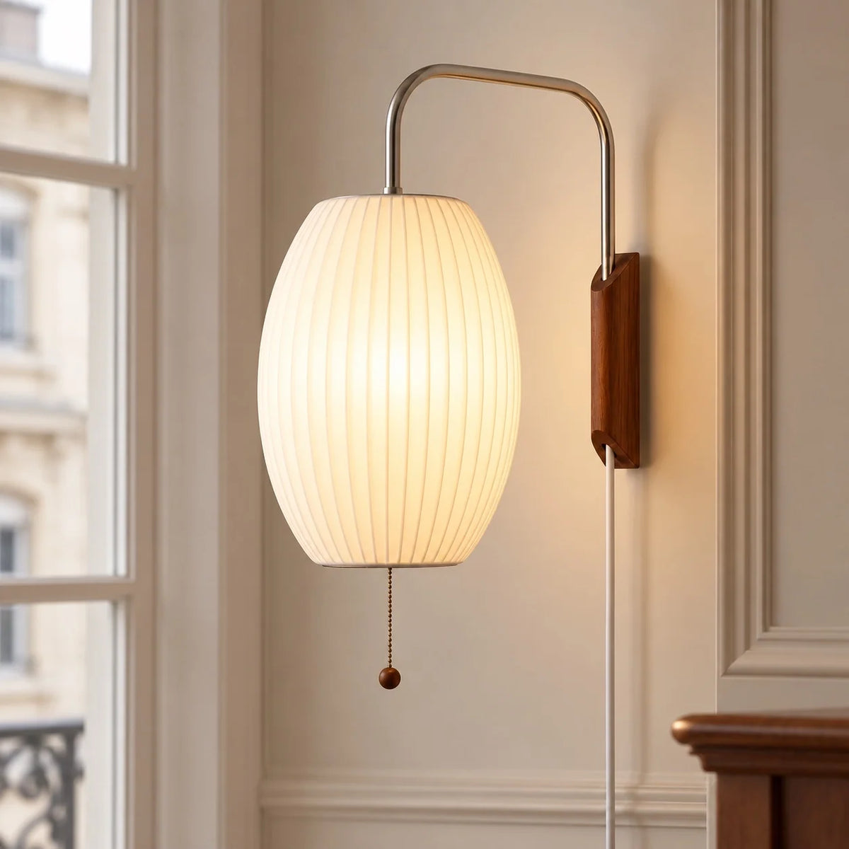 Modern Ribbed Bubble Wall Light with Walnut Mount