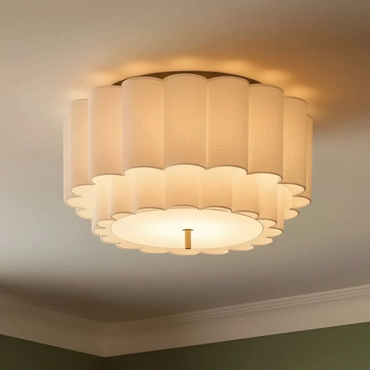 Modern Scalloped Natural Linen Flush Ceiling Light for Living Room