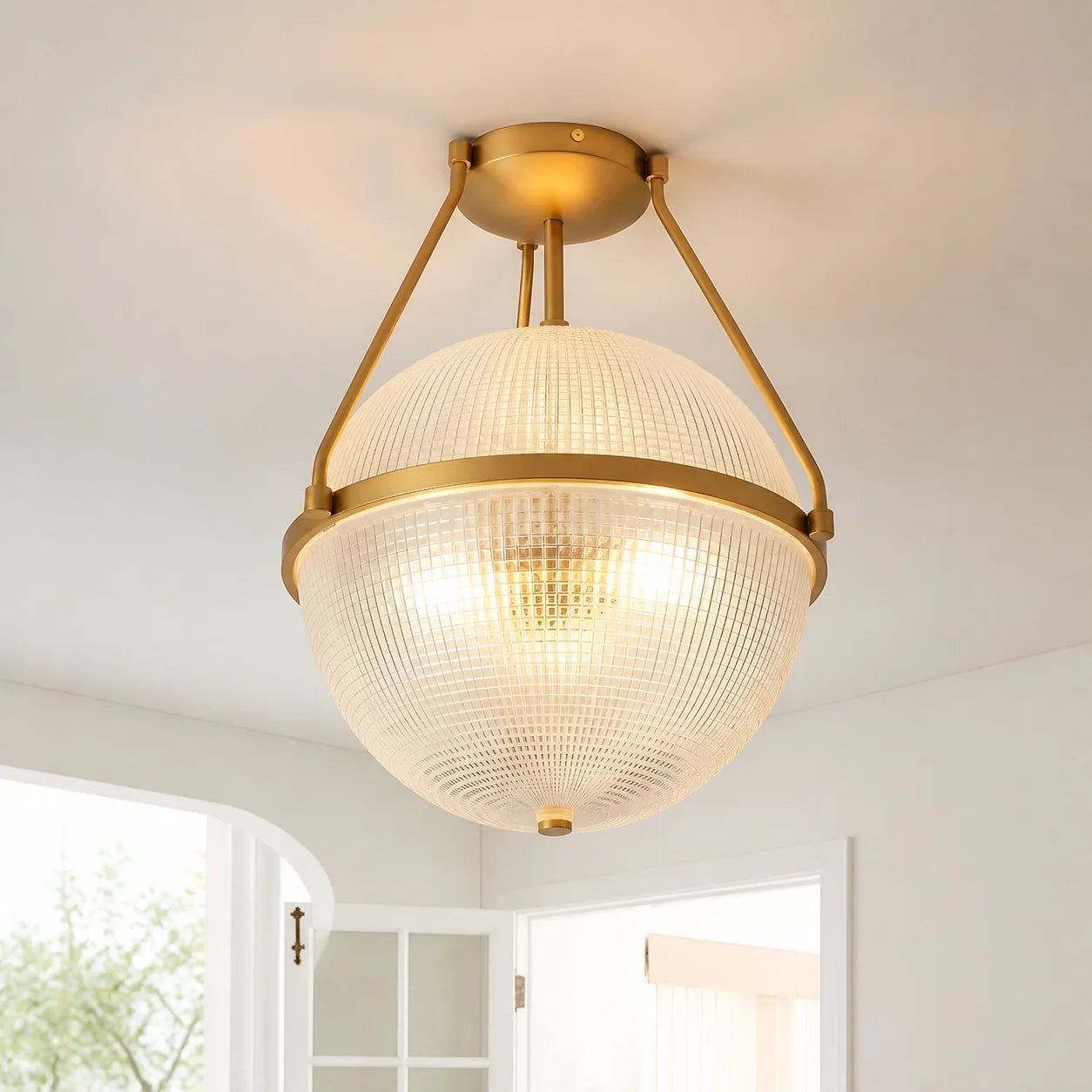 Modern Textured Globe Glass Semi Flush Ceiling Light