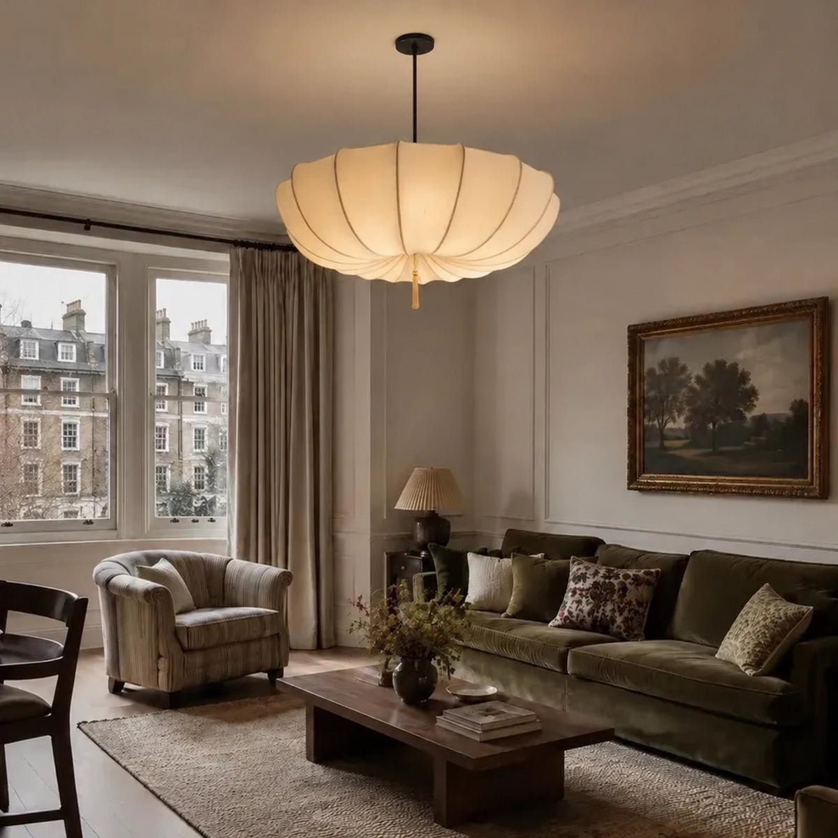 Modern Vintage Art Deco-Inspired Ivory Fabric Pendant Light