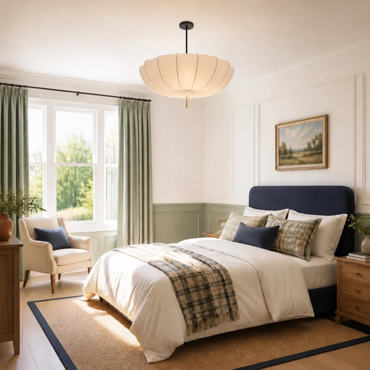 Modern Vintage Art Deco-Inspired Ivory Fabric Pendant Light