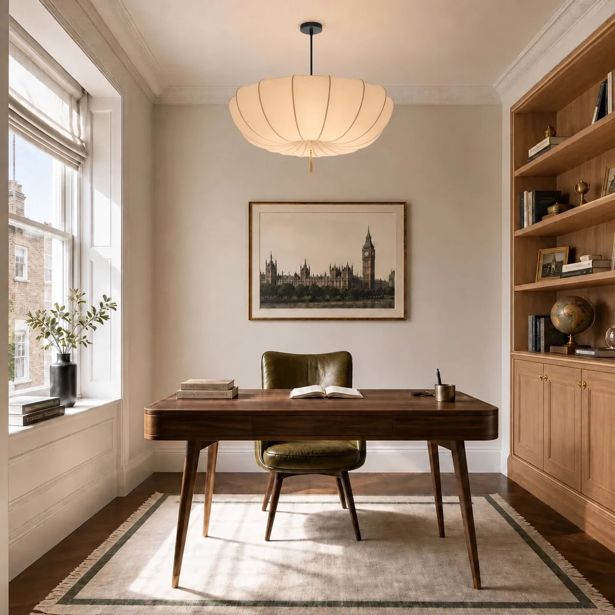 Modern Vintage Art Deco-Inspired Ivory Fabric Pendant Light