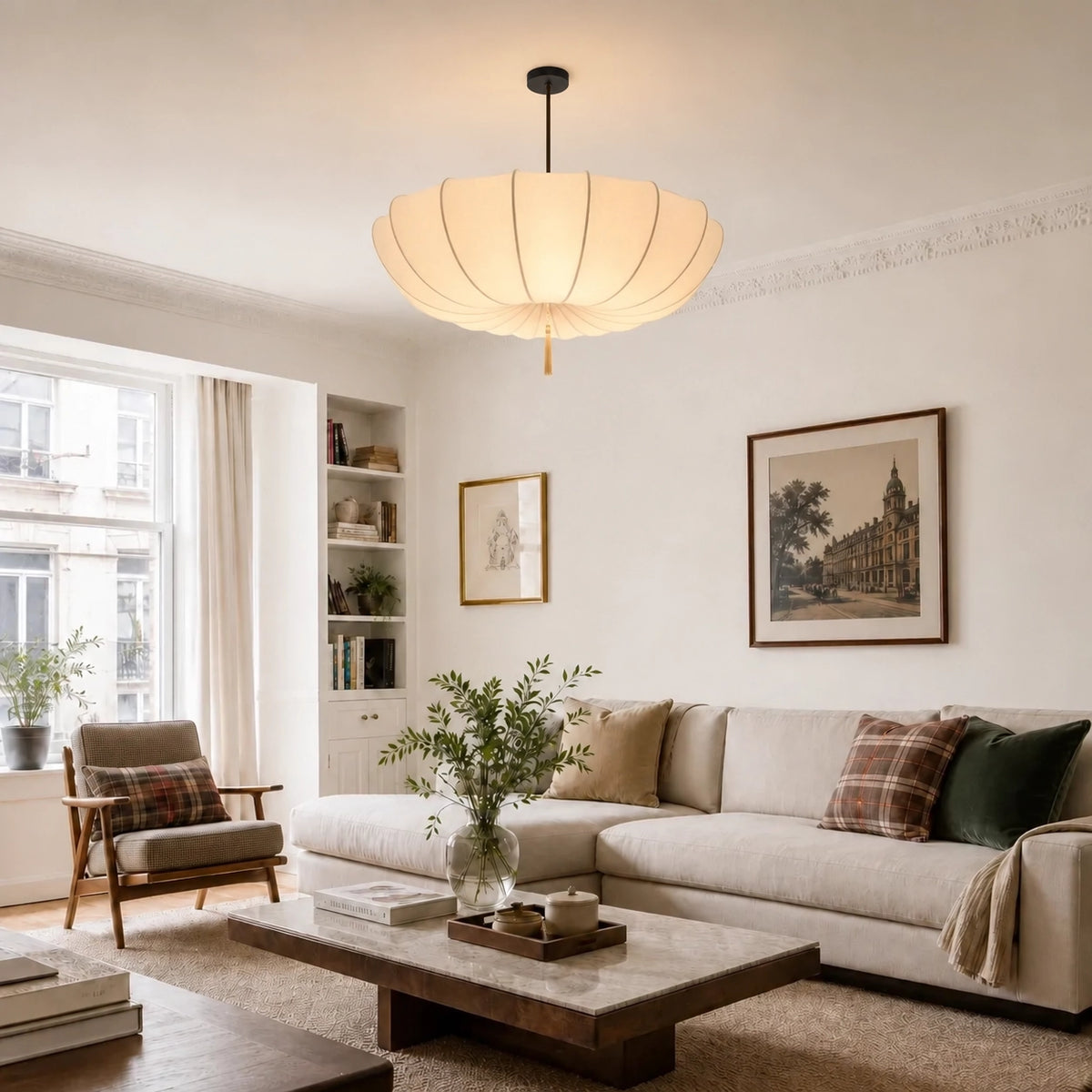 Modern Vintage Art Deco-Inspired Ivory Fabric Pendant Light