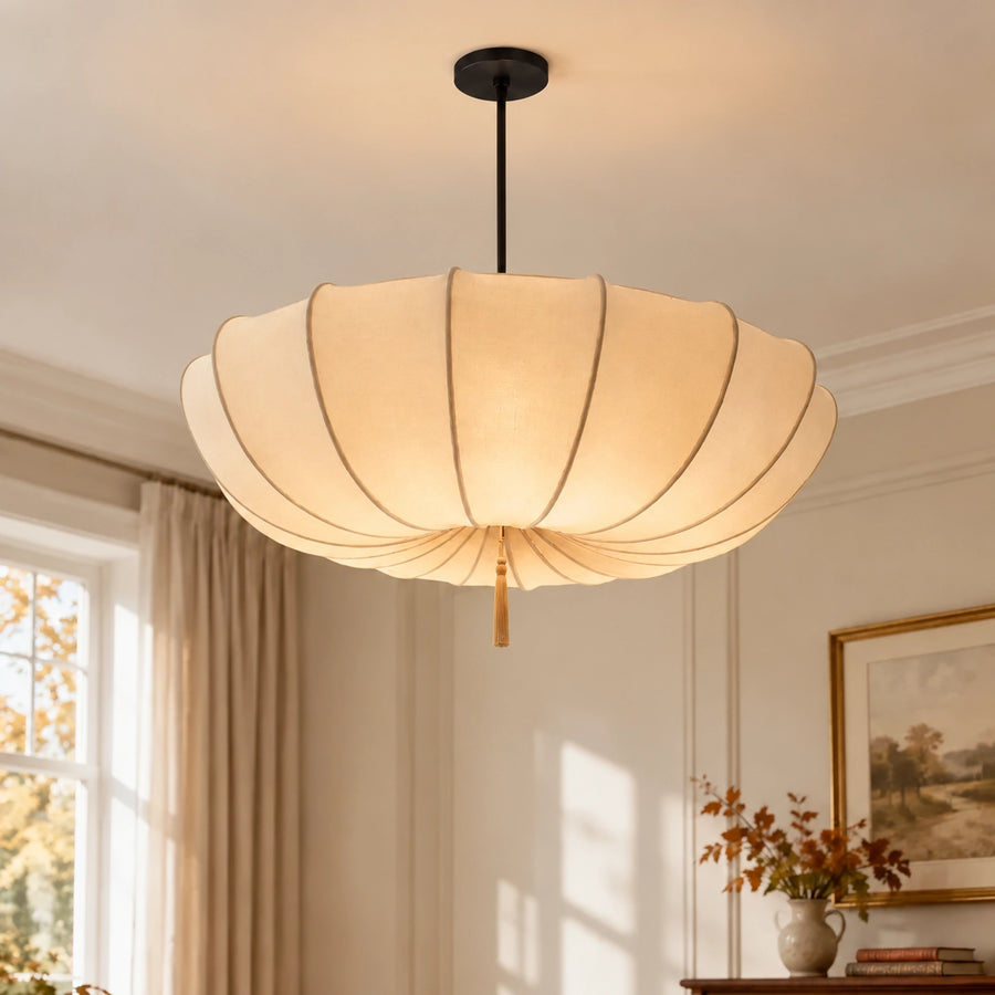 Modern Vintage Art Deco-Inspired Ivory Fabric Pendant Light