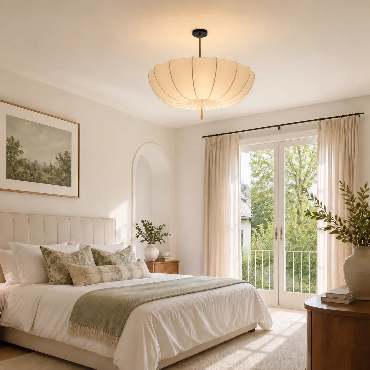 Modern Vintage Art Deco-Inspired Ivory Fabric Pendant Light