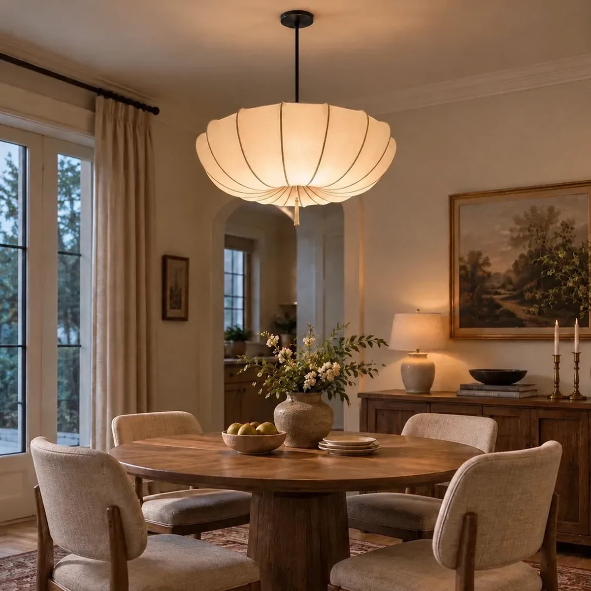Modern Vintage Art Deco-Inspired Ivory Fabric Pendant Light