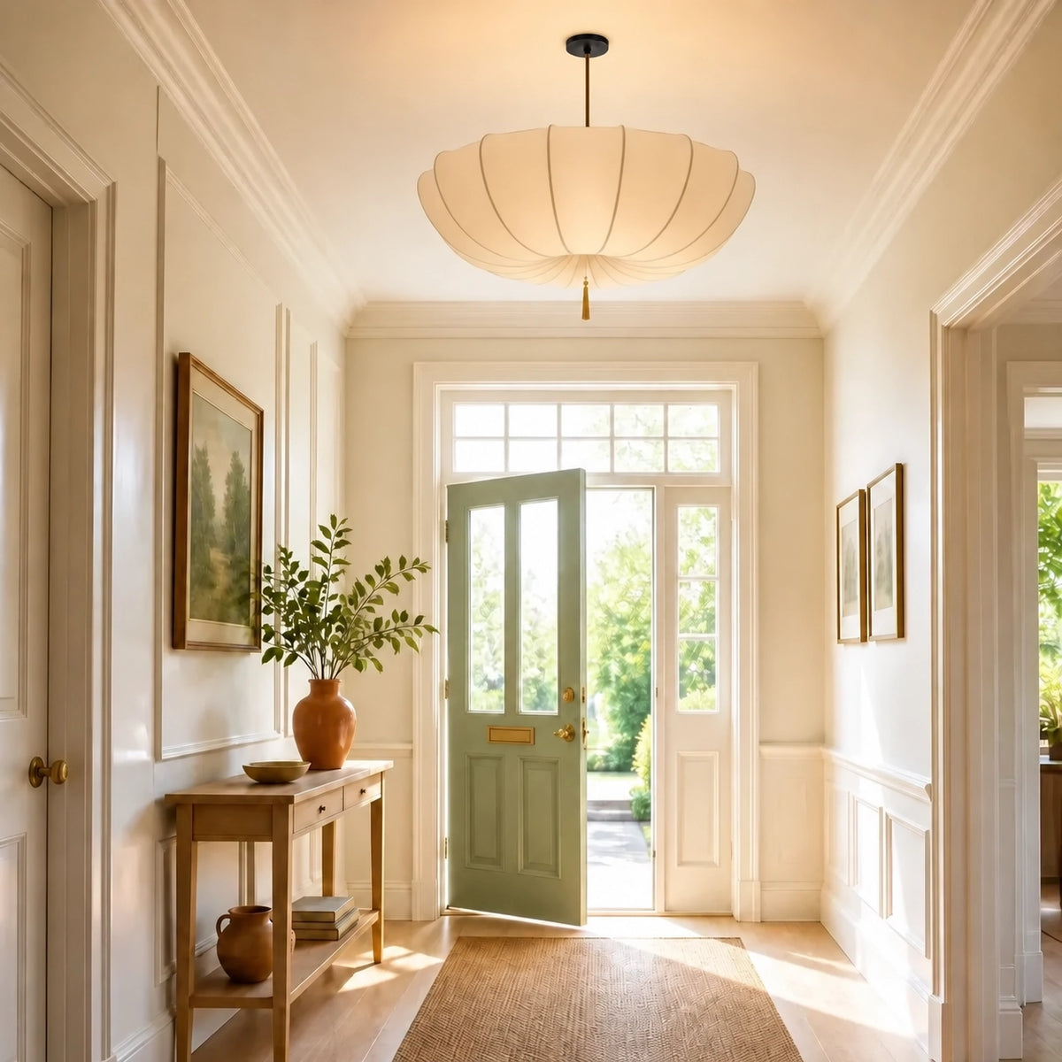Modern Vintage Art Deco-Inspired Ivory Fabric Pendant Light