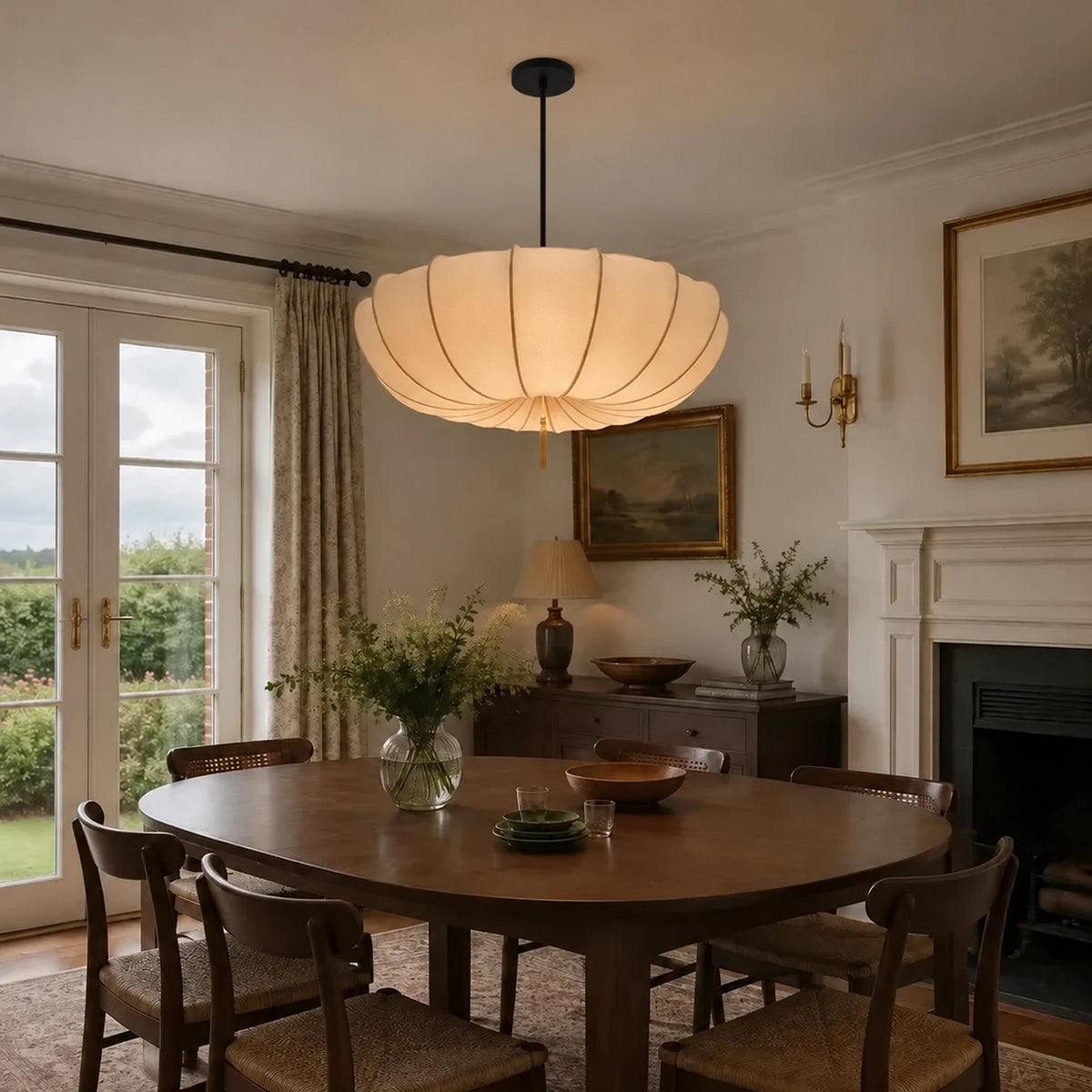 Modern Vintage Art Deco-Inspired Ivory Fabric Pendant Light