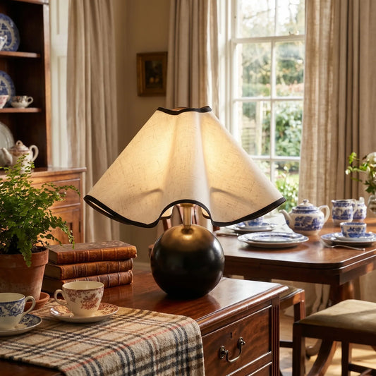 Natural Style Walnut Wood Base Table Lamp with Wave-Shaped Fabric Lampshade